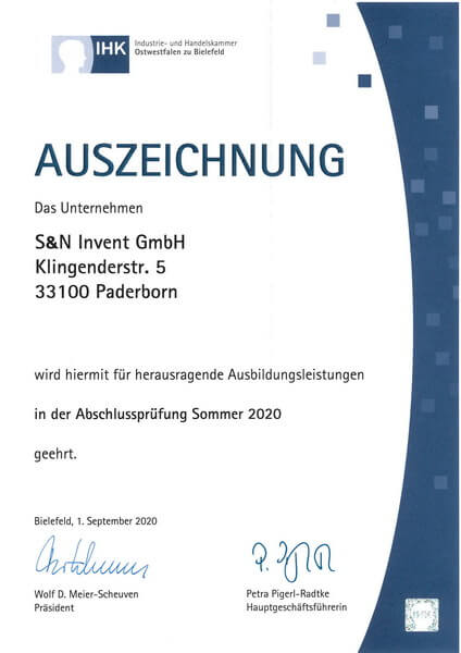 S&N Invent wird erneut für herausragende Ausbildungsleistungen geehrt - Urkunde