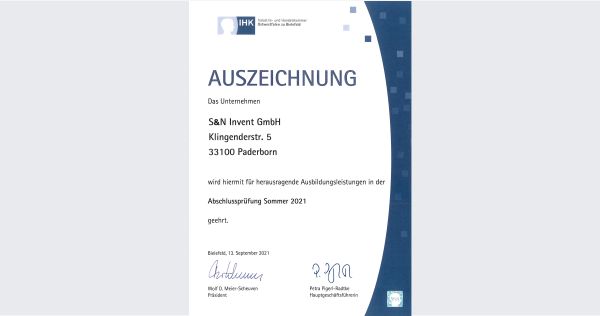 Auszeichnung: S&N Invent wird erneut für herausragende Ausbildungsleistungen ausgezeichnet